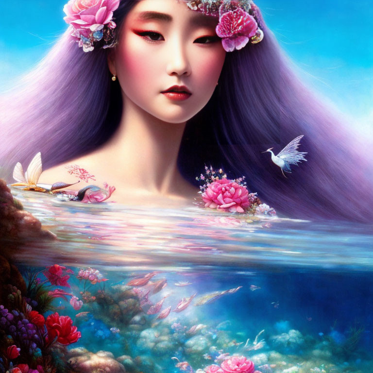 Colorful illustration of woman with purple hair and pink flowers by serene water body with corals and bird