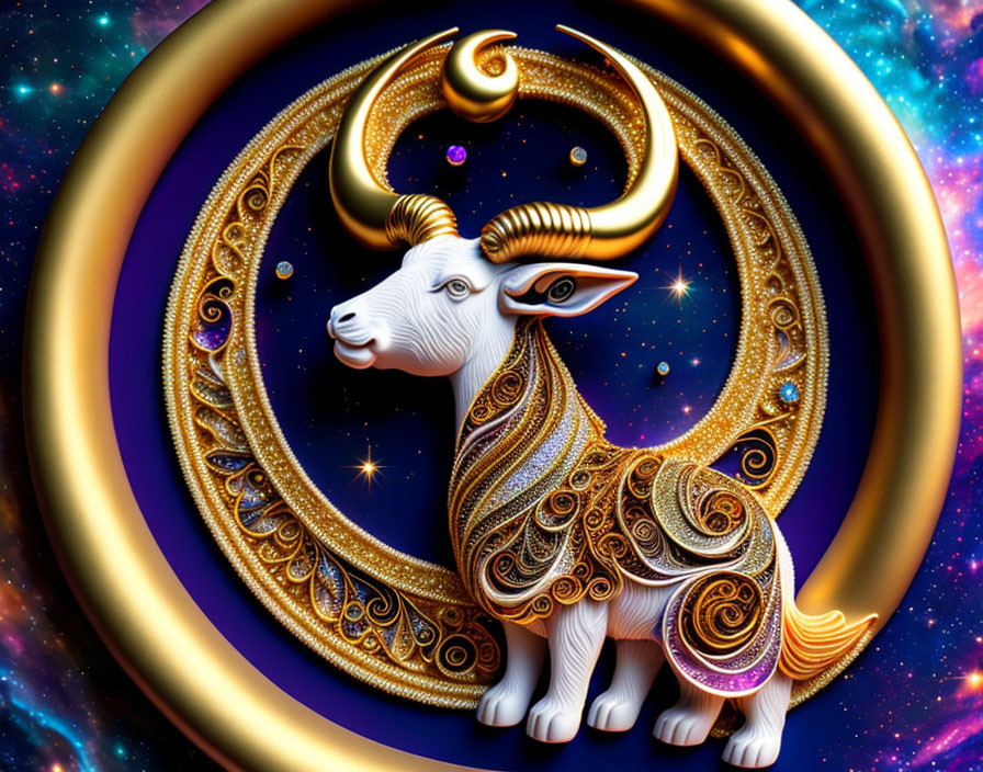 Stylized white goat with golden horns on cosmic background