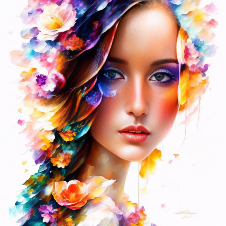 Colorful Portrait of Woman with Floral Adornments