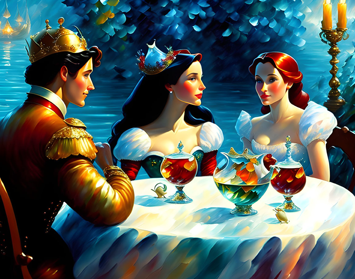 Animated royal characters dining with two princesses and a prince in vibrant colors and ornate details