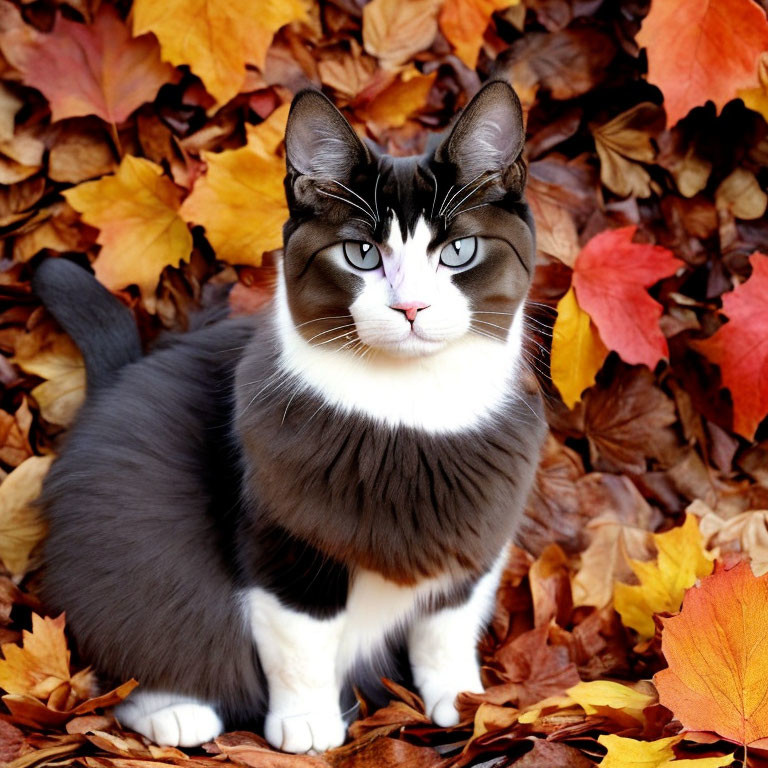 Black-and-White Cat with Blue Eyes in Autumn Leaves