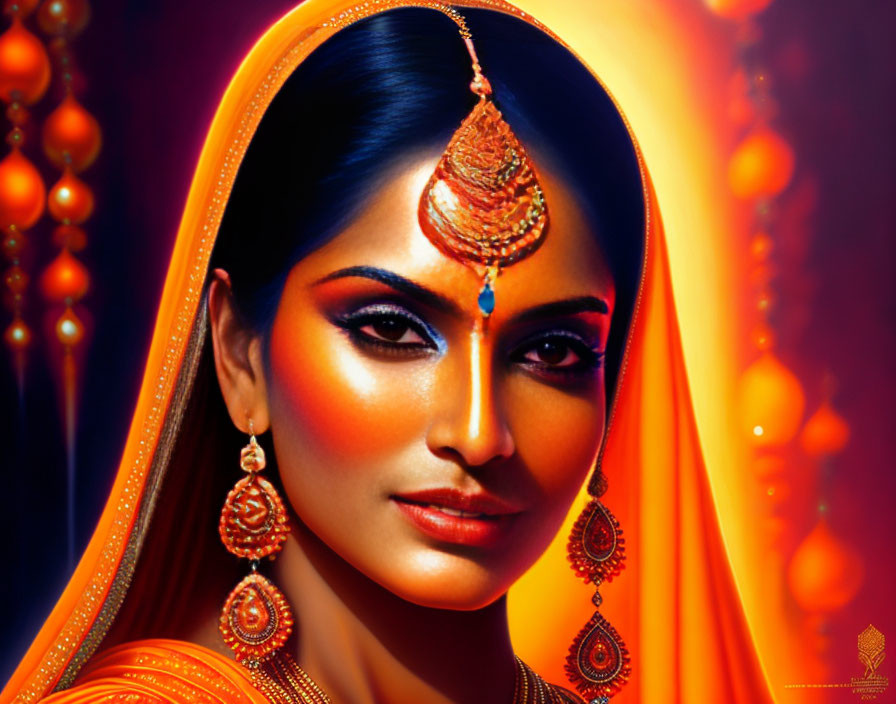 Traditional Indian jewelry and makeup on woman in orange saree