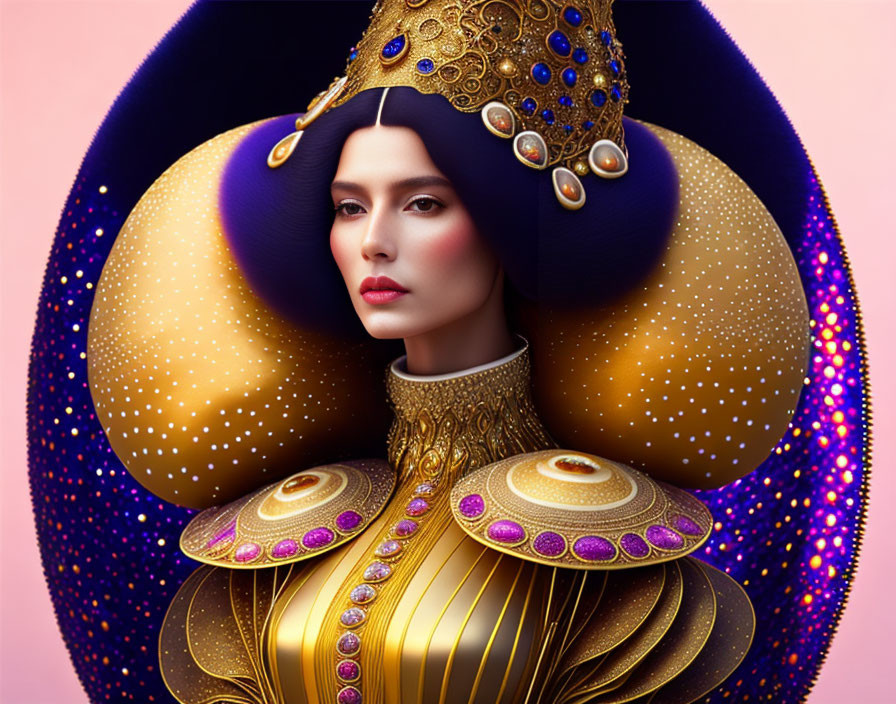 Regal woman in gold and purple headdress with pearls and jewels