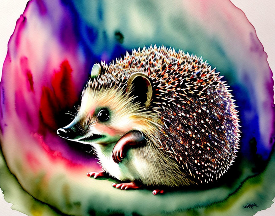 Colorful Watercolor Hedgehog Illustration on Purple and Red Background