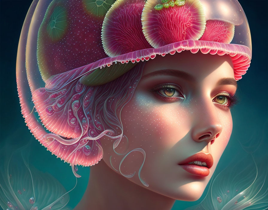 Surreal portrait of woman with jellyfish-like cap and flowers on teal background