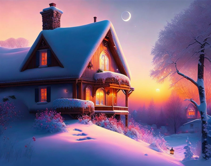 Snow-covered cottage at dusk in serene winter landscape