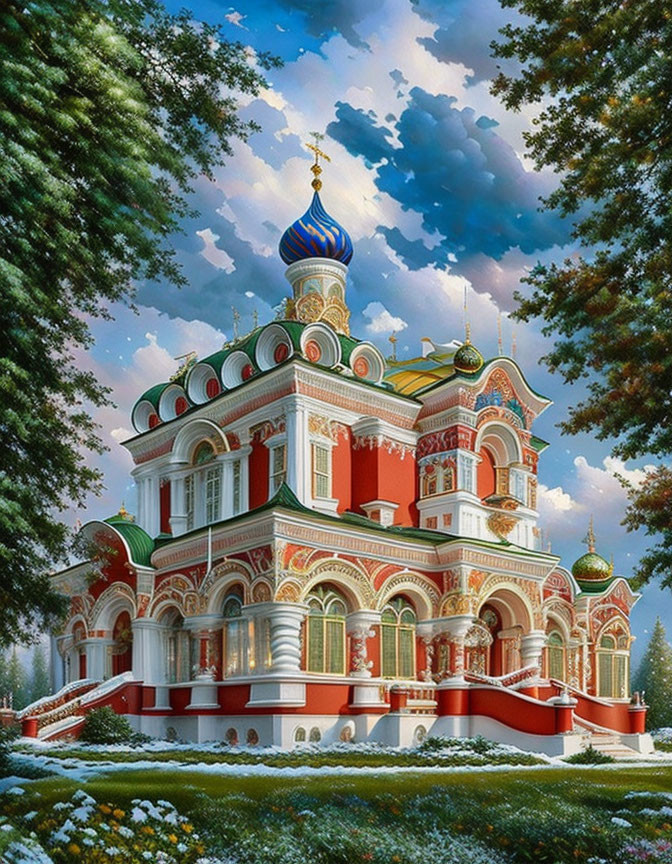 Colorful Russian-style cathedral illustration in nature setting