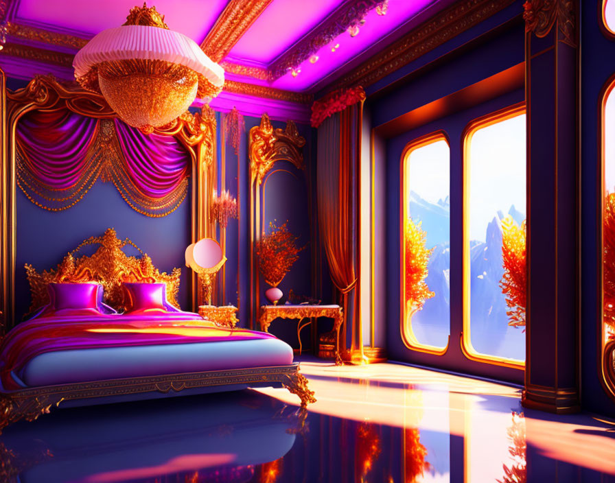 Luxurious Bedroom with Royal Bed, Purple and Gold Decor, Glossy Floors, Mountain Sunset View