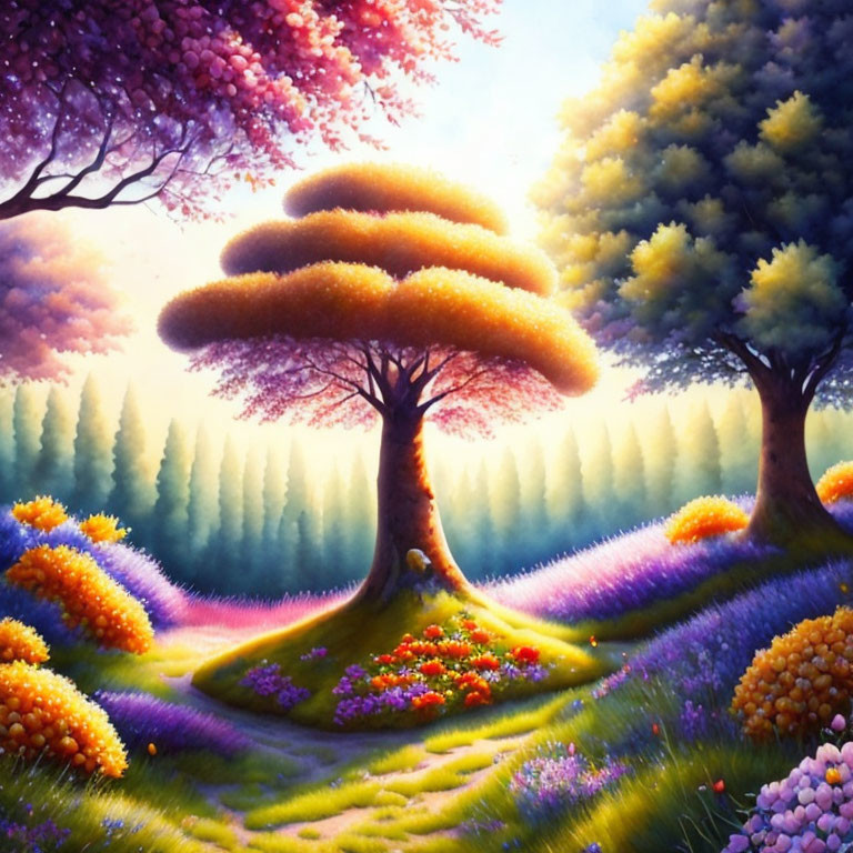 Colorful surreal landscape with whimsical trees and dream-like quality