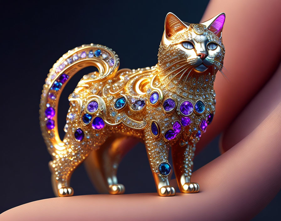 Golden Cat Figurine Adorned with Jewels and Patterns on Dark Background