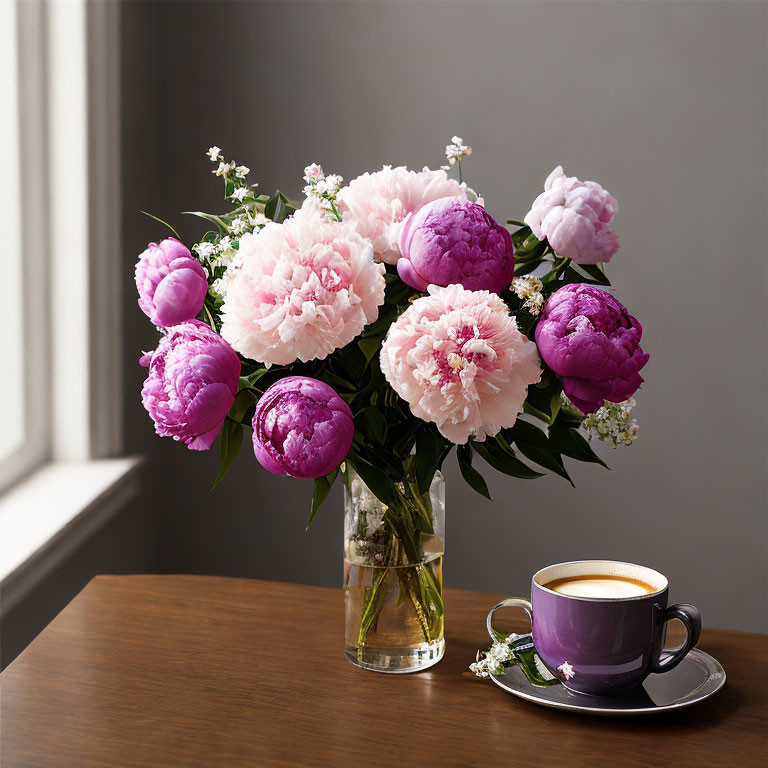 Pink and Purple Peonies Bouquet with Coffee Cup by Window