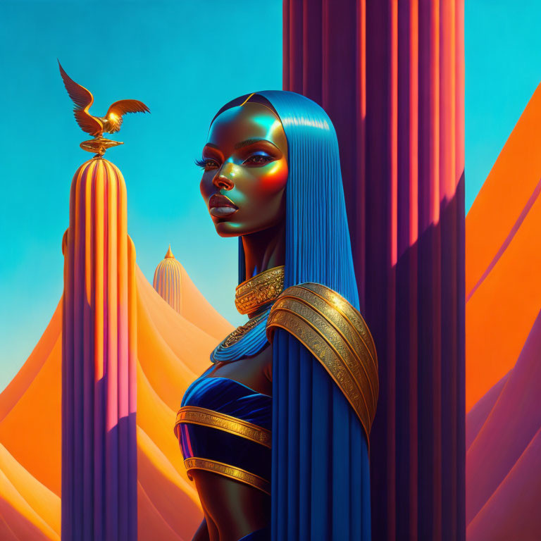 Stylized digital art: Blue-skinned woman with gold adornments, falcon, vibrant hills