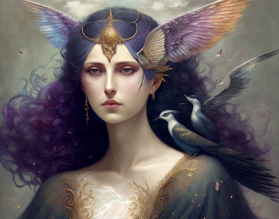 Purple-haired woman with bird-like wings, golden crown, and birds on shoulder