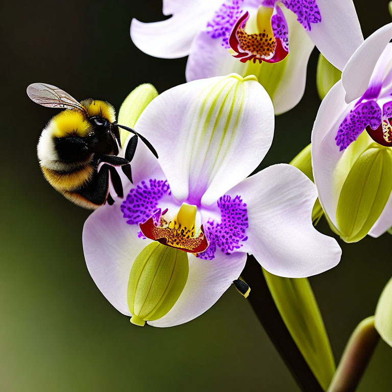 Bumblebee on blooming white orchid with purple spots.