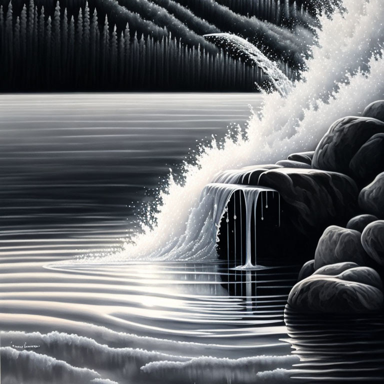 Monochromatic painting of serene waterfall scene