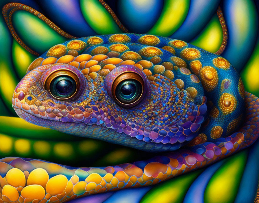 Vibrant chameleon art with large eyes and colorful scales