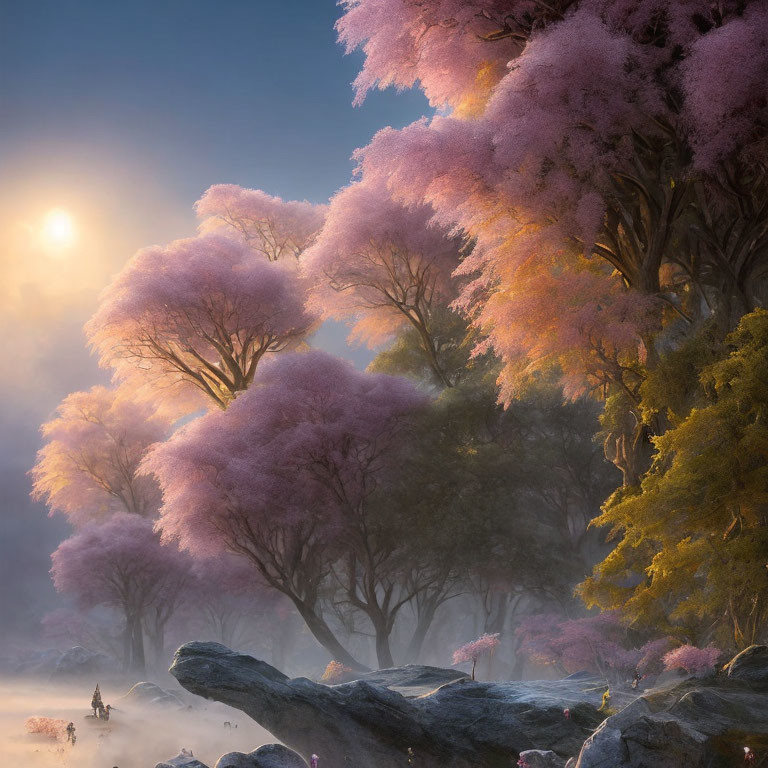 Serene sunrise scene: Misty forest with pink cherry blossom trees.