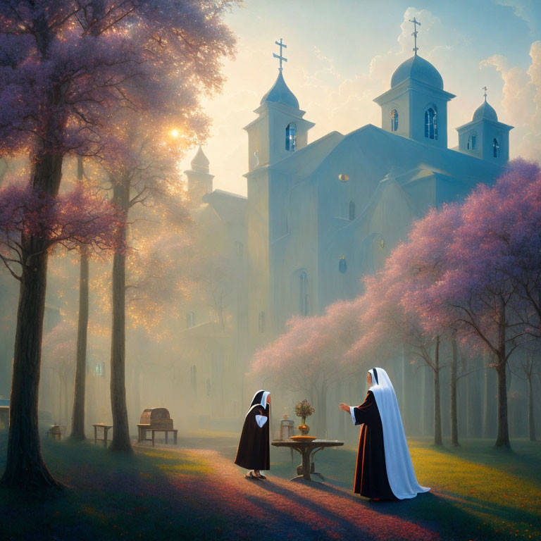 Nuns walking by a church in misty morning with flowering trees