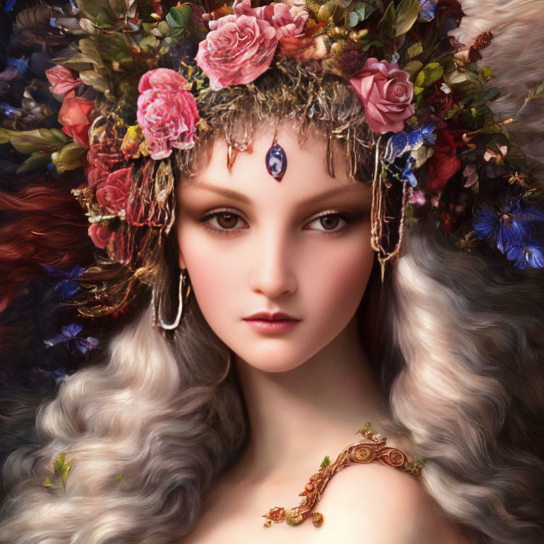 Portrait of woman with floral crown, wavy hair, forehead gem, earrings, and armlet.