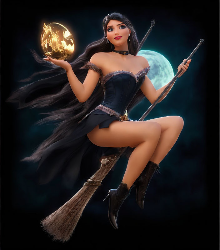 Fantasy witch flying on broomstick with fiery orb under full moon