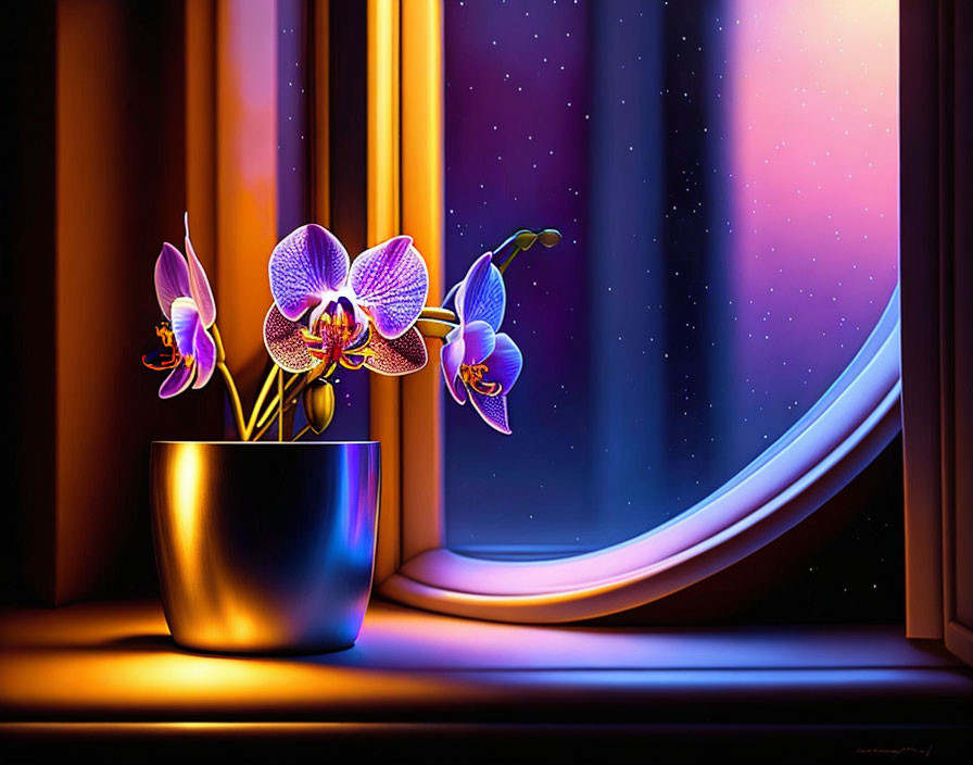 Vibrant purple orchids in golden pot by window with starry night sky and colorful aurora