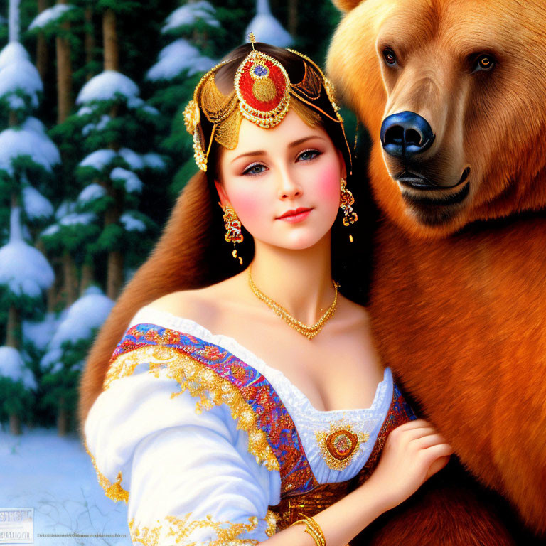 Woman in ornate traditional attire with headdress next to large bear in snowy forest.