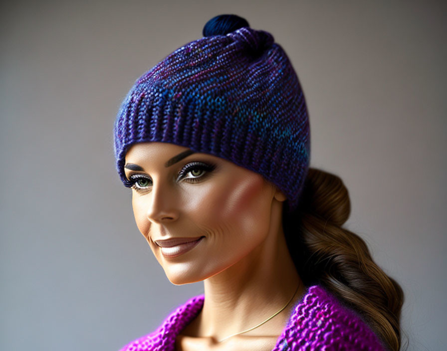 Mannequin head with purple knitted beanie, makeup, braid, and magenta sweater