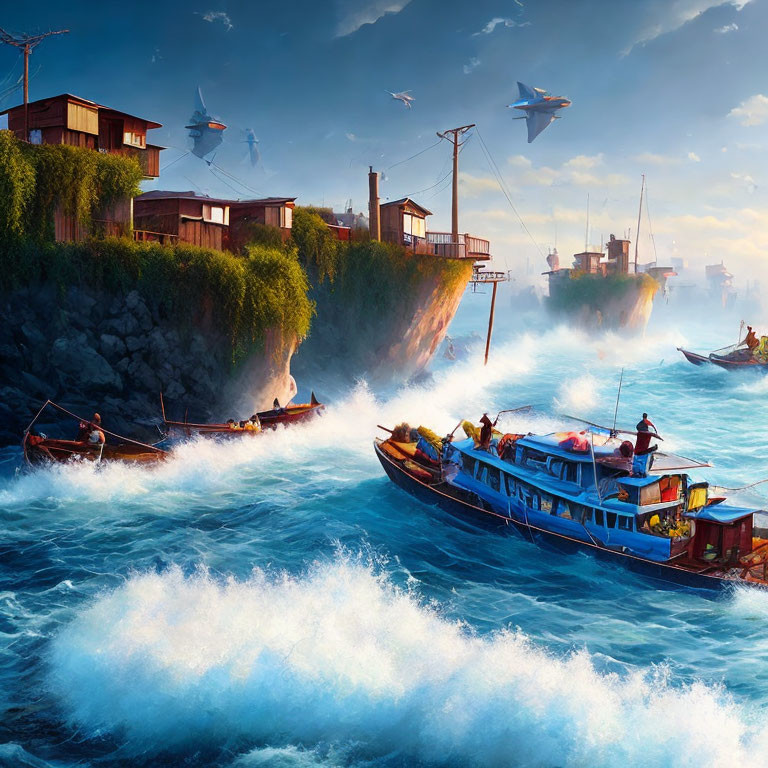 Fantastical maritime scene with cliff houses, rough waves, and airships