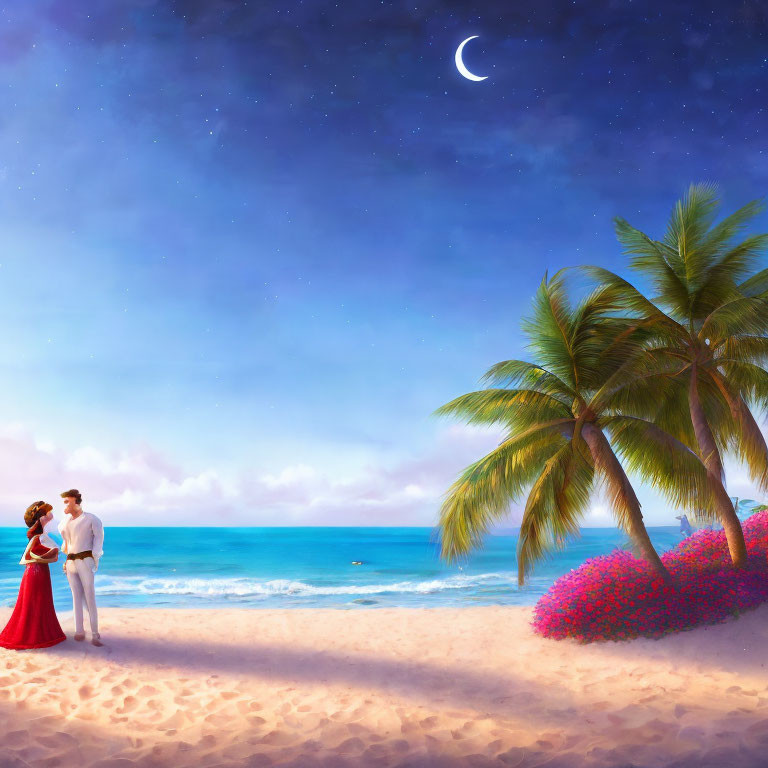 Romantic couple on beach at twilight with stars, crescent moon, palm trees, and ocean.