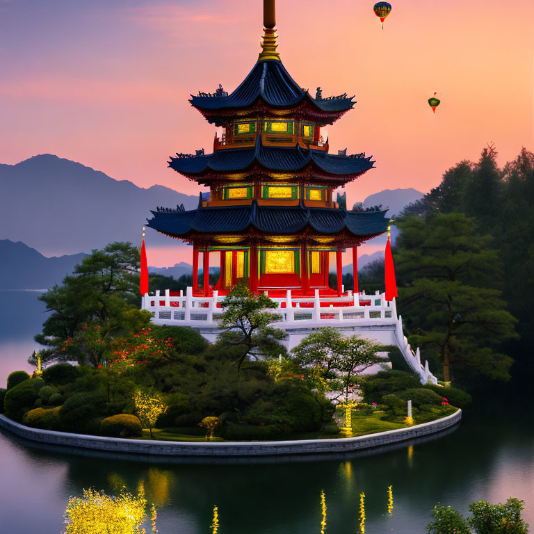 Traditional multi-tiered pagoda by calm lake at dusk with hot air balloons - serene and picturesque view