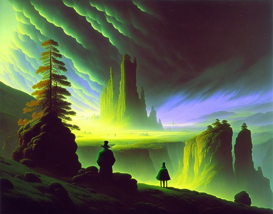 Silhouetted figures in front of fantastical landscape with rock formations and aurora sky