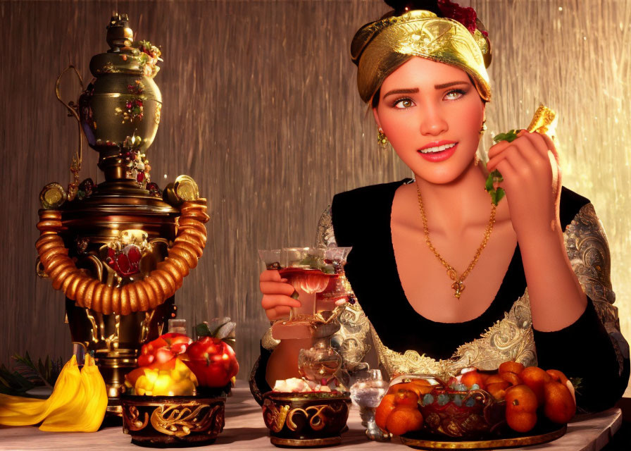 Digital artwork: Woman in traditional attire enjoying festive meal with fruits and drink beside samovar