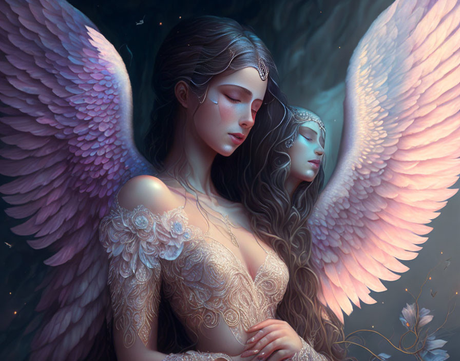 Digital Artwork: Two Angelic Figures with Elaborate Wings in Moody Setting