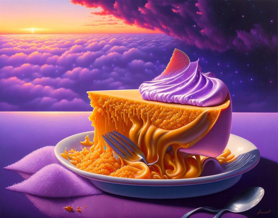 Surreal slice of cake with orange goo and purple icing on dreamy sunset backdrop