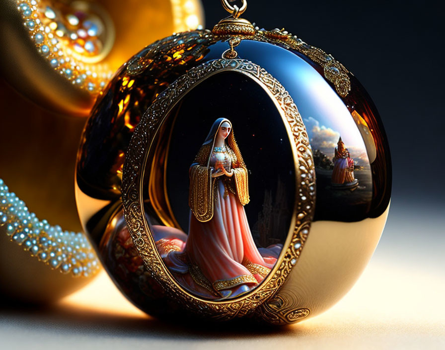 Egg-shaped pendant with miniature painting of regal woman