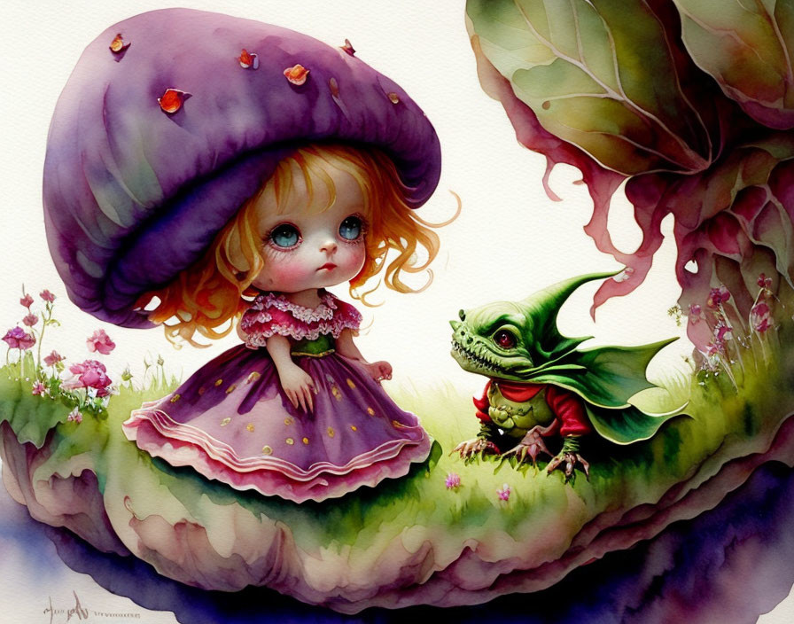 Stylized illustration of girl with purple hat and lizard in lush setting