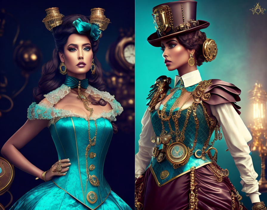 Two women in steampunk attire with corsets and clockwork accessories