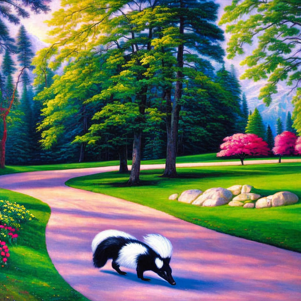 Colorful painting of skunk on pathway in vibrant forest