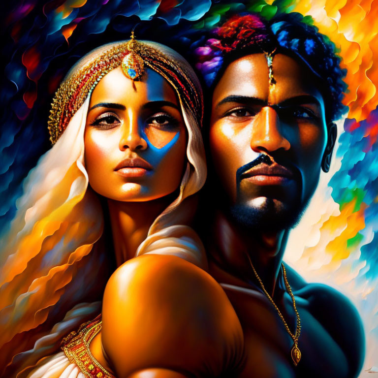 Colorful portrait of man and woman with headpieces on abstract background