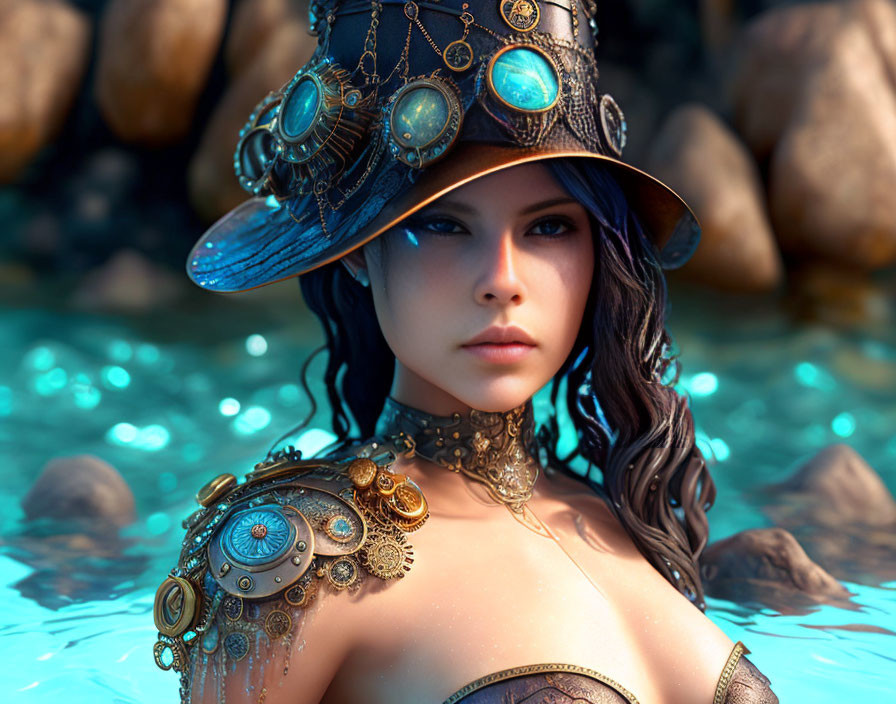 Digital art portrait: Woman with steampunk elements, detailed hat, shoulder armor, rocky water backdrop