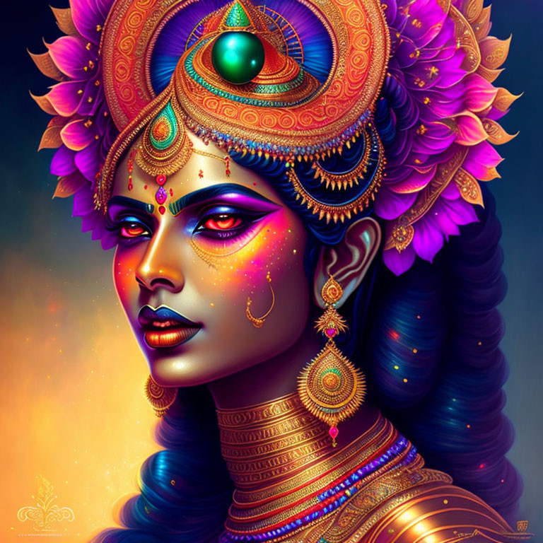 Colorful woman with blue skin and golden headgear in mystical setting