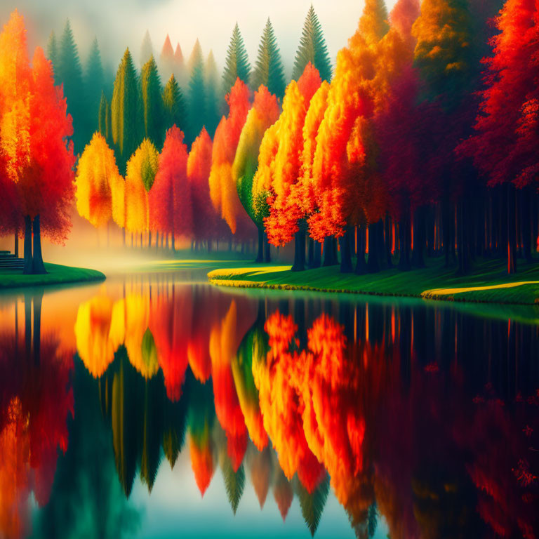 Colorful autumn trees reflecting in calm lake with red, orange, and yellow hues.