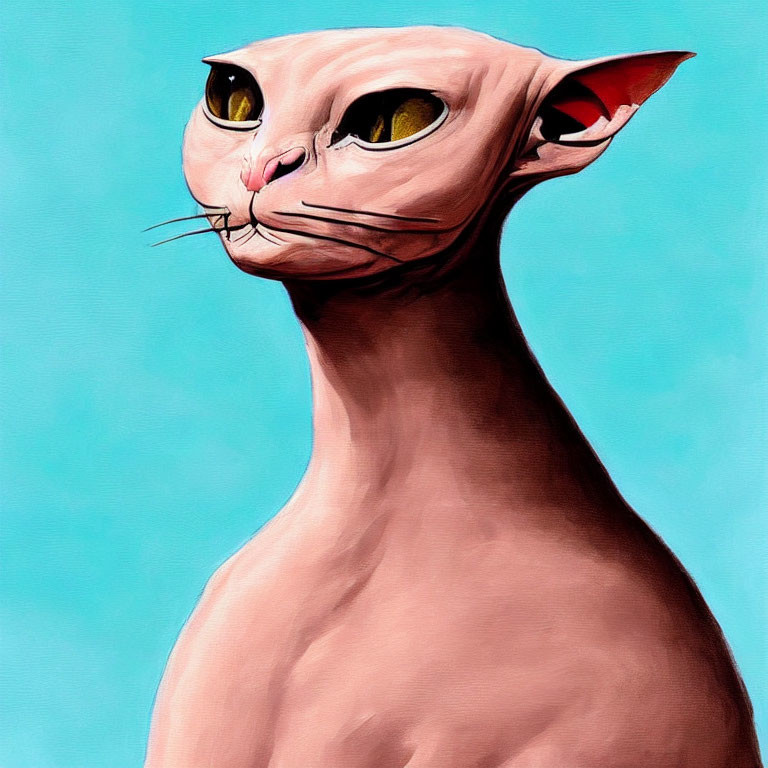 Stylized digital painting of a Sphynx cat with yellow eyes on turquoise background