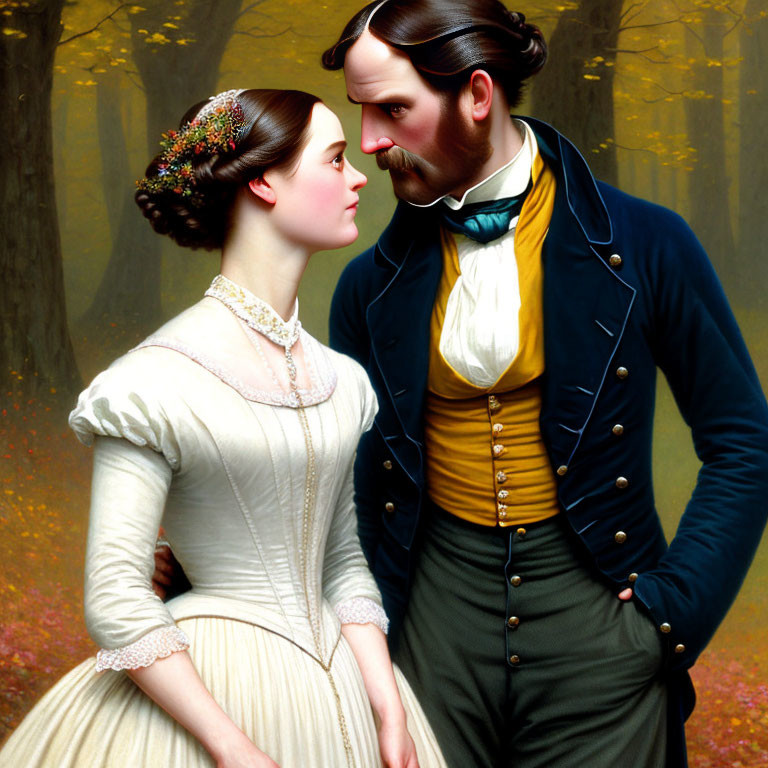 19th-Century Couple in Intimate Gaze Amid Autumn Trees