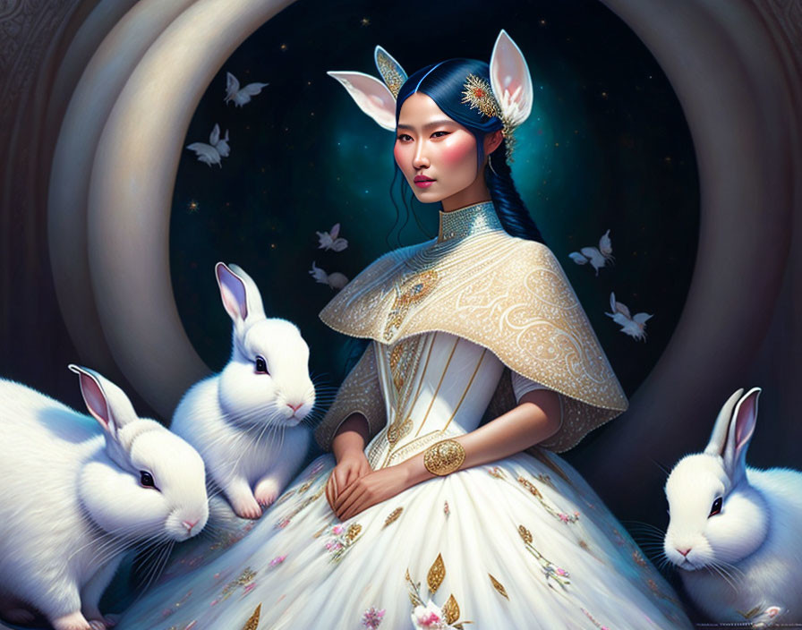 Woman with rabbit-like features in traditional dress surrounded by white rabbits against celestial backdrop