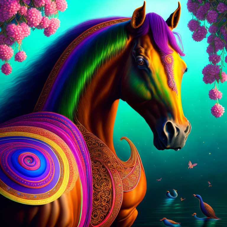 Colorful digital art: Fantastical horse with rainbow mane and intricate saddle in whimsical setting