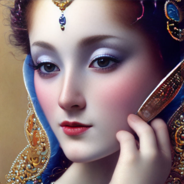 Close-up portrait of woman with pale skin, blue eyeshadow, red lips, and ornate