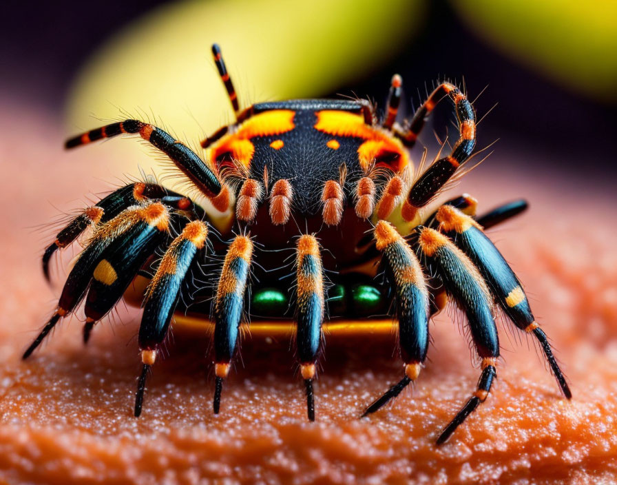 Vibrant colorful spider on textured skin