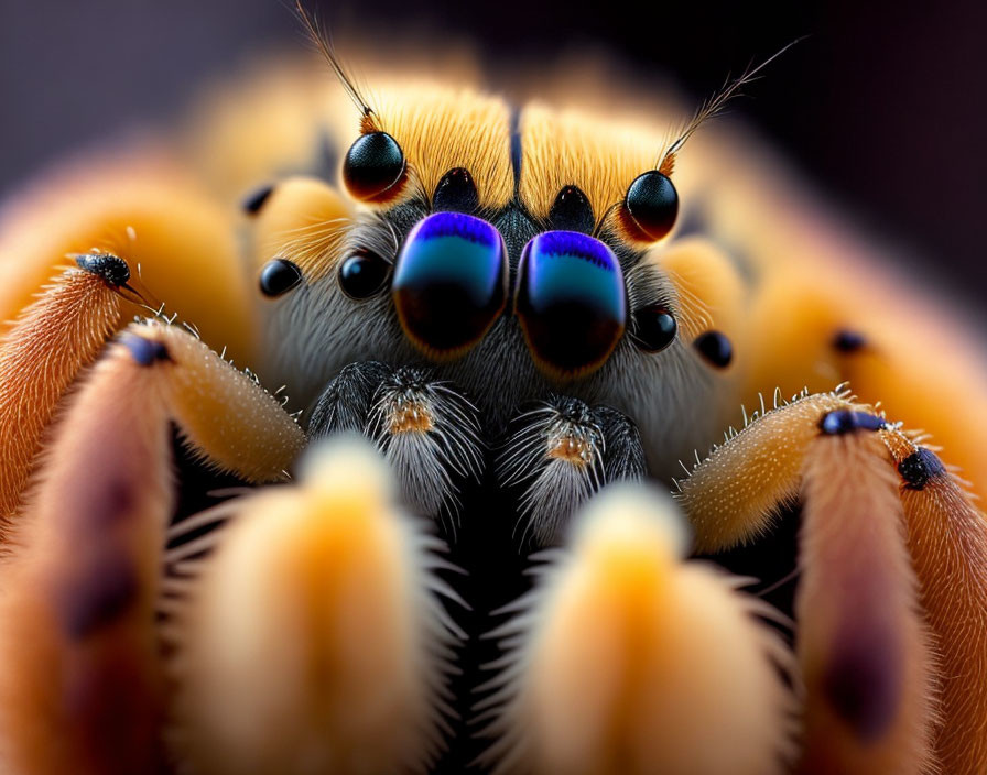 Vivid Close-Up of Jumping Spider with Colorful Hairy Textures