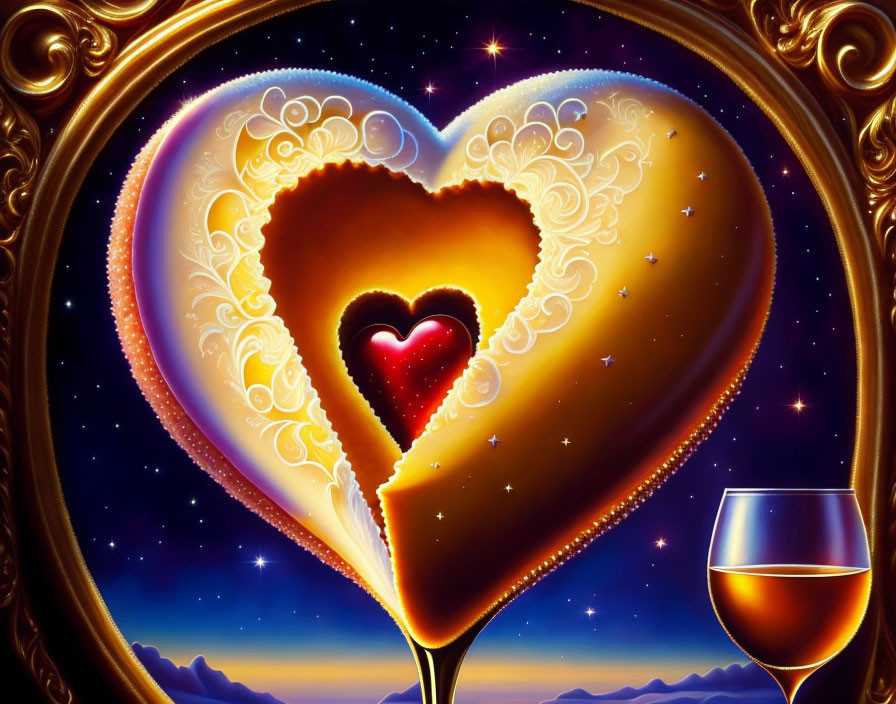 Heart-shaped outline with smaller hearts in starry night sky and wine glass.